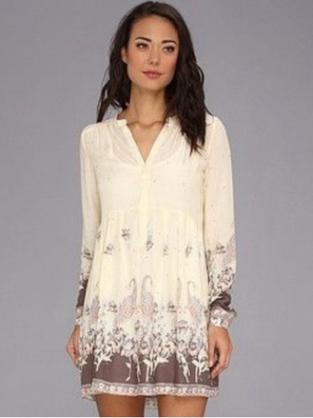 Free People Sierra Valley floral cream purple long sleeve mini dress size M - Picture 3 of 10